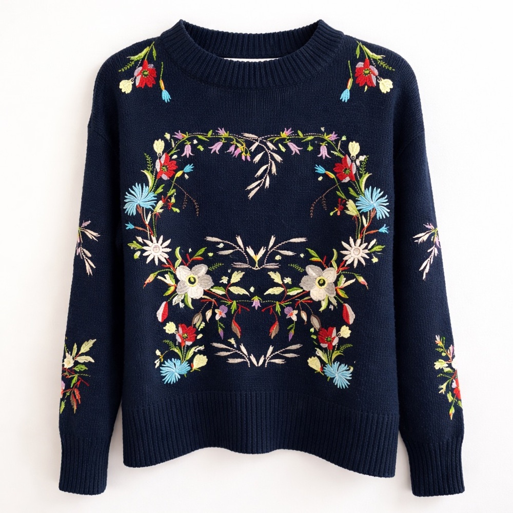 Woven Heart Embroidered Floral Sweater Navy Size L Cottagecore